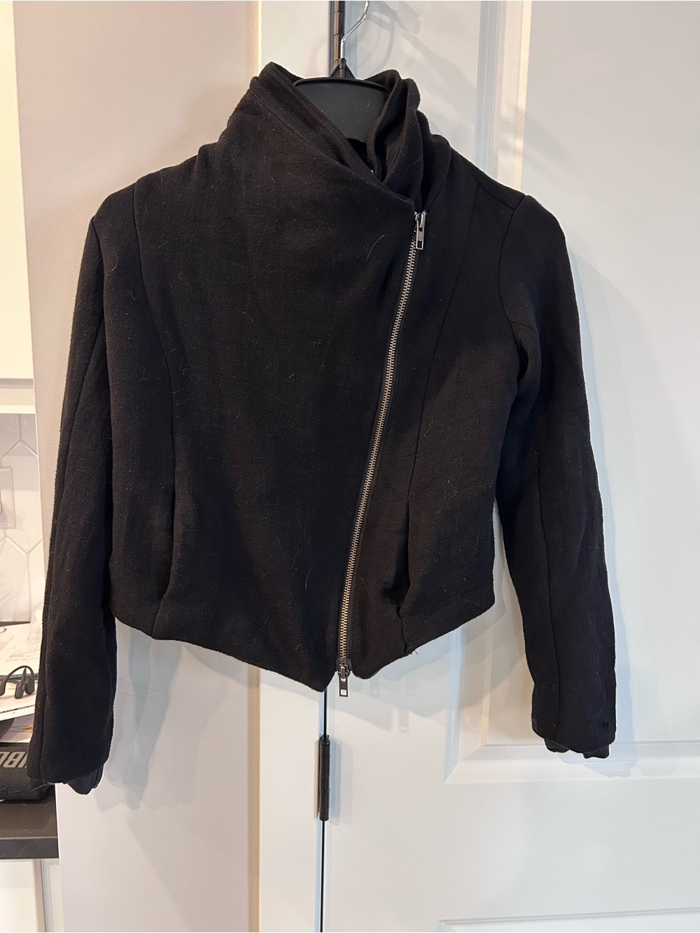Vince Black Scuba Jacket Asymmetric Zip Draped High Collar Cropped Moto Neutral